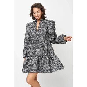 Fresha London Riley Dress Mini Dress Puff Slv Tiered Black Grey Large $338 NEW